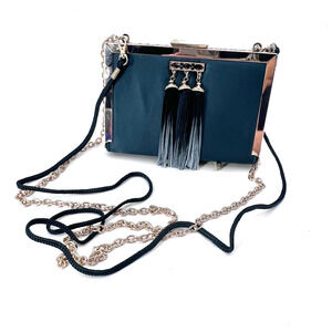 Kate Landry Green & Gold Toned Tassel Box Clutch Bag Cross Body Evening Handbag